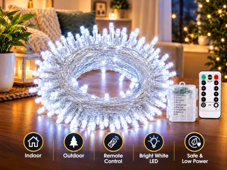 Warm white battery string lights with remote and timer: a cozy, outlet-free base layer for any room.