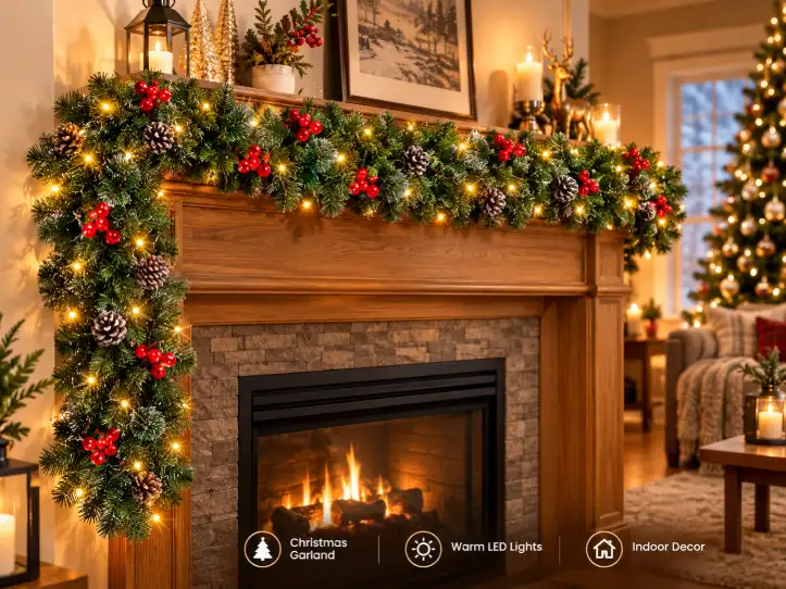 Pre-lit 12 ft garland with timer and warm LEDs: instant glow for any mantel, door, or stair railing.