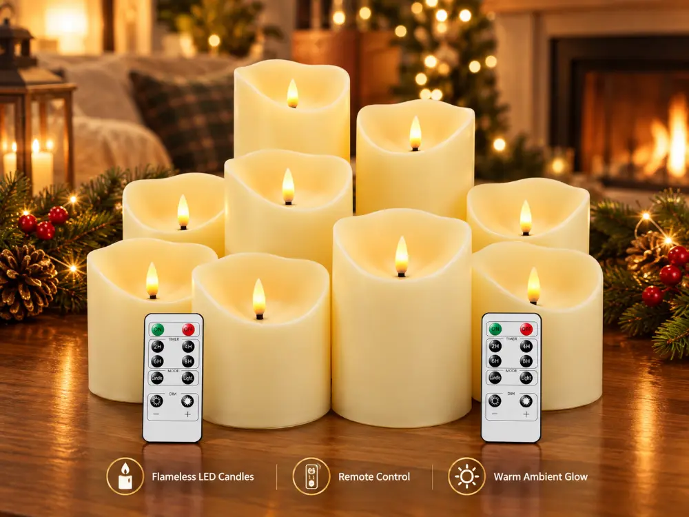 9 flameless candles with remote and timer: a flickering, safe glow for tables, mantels, and shelves.