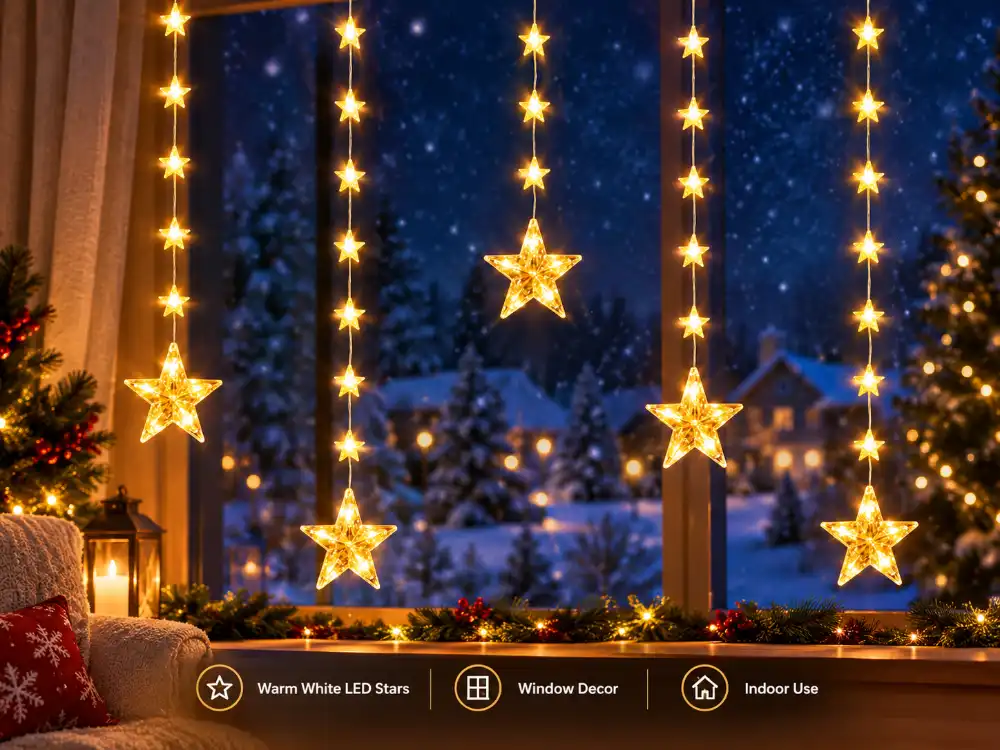 Hanging star window lights with timer: warm white or color sparkle that adds height to every window.