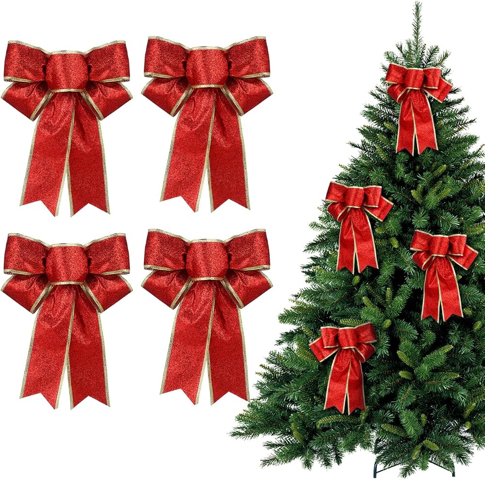 Red Christmas Glitter Fabric Bows – Pack of 5 for Tree and - product photo 1