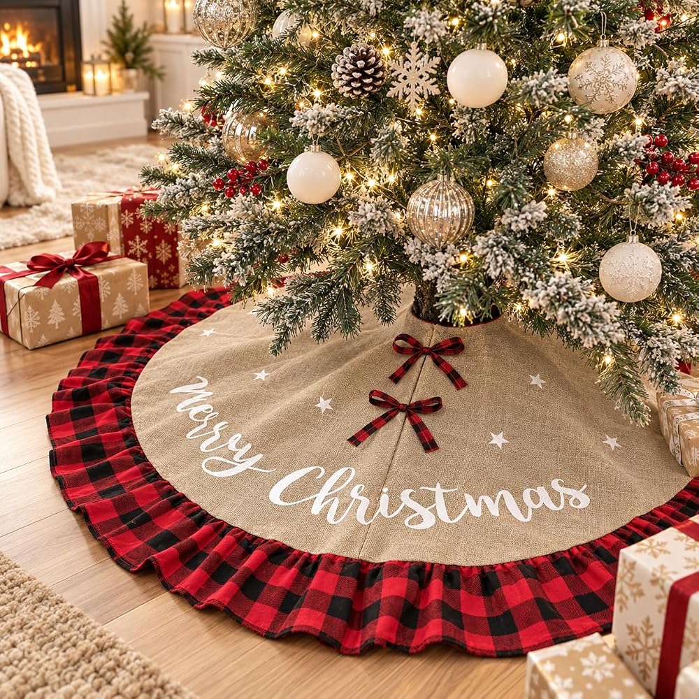 48 inch Christmas Tree Skirt with Buffalo Plaid Edge - product photo 1