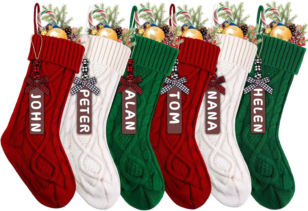 Green Red White Christmas Stockings Set of 6 with Wooden - product photo 1