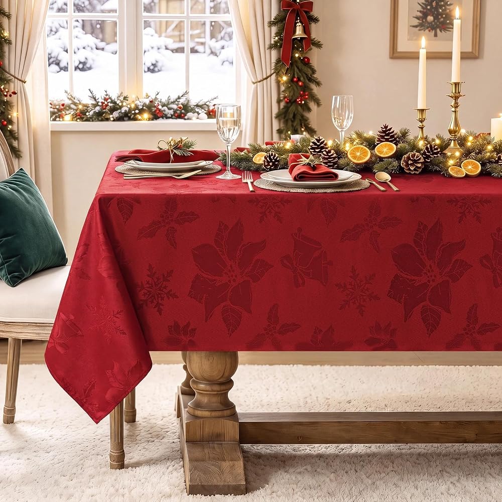 Red Christmas Tablecloth with Jacquard Poinsettia Pattern – - product photo 1