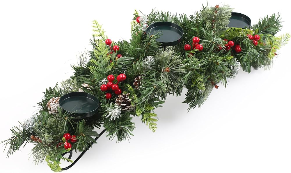 Christmas Table Centerpiece with 3 Candle Trays and Pine - product photo 1