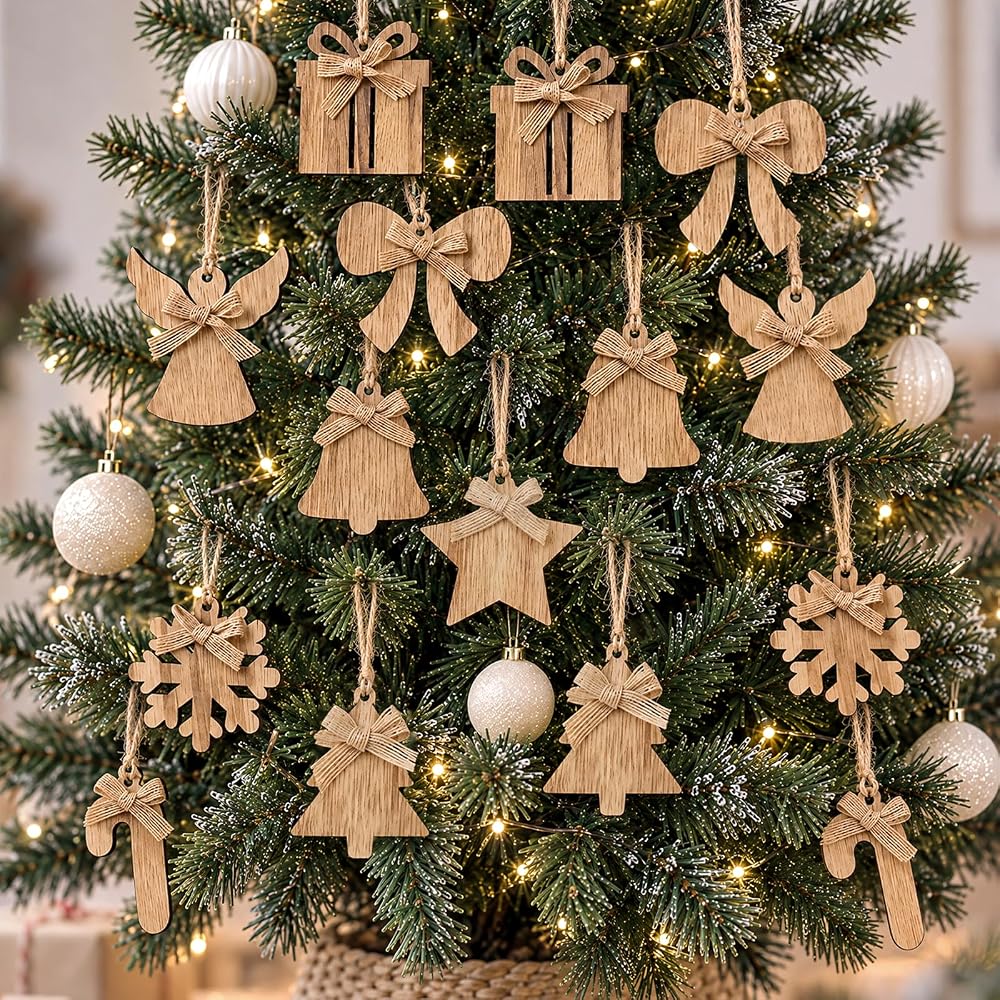 Rustic Wooden Christmas Tree Ornaments Set 16 pcs - product photo 1