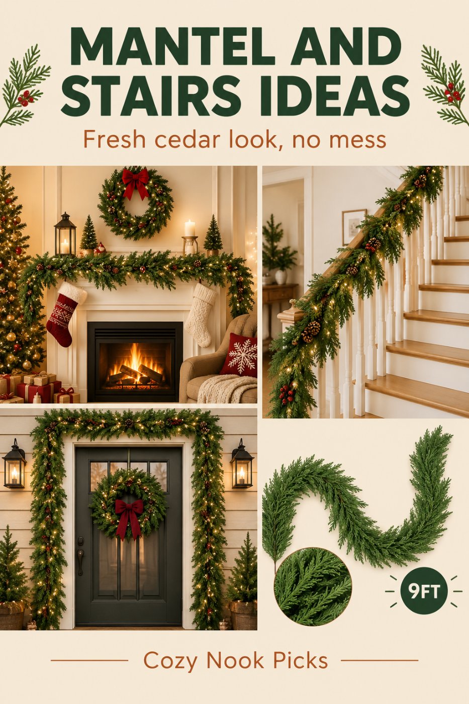 9FT Artificial Cedar Christmas Garland – Realistic Faux Pine Greenery for Holiday Decorating