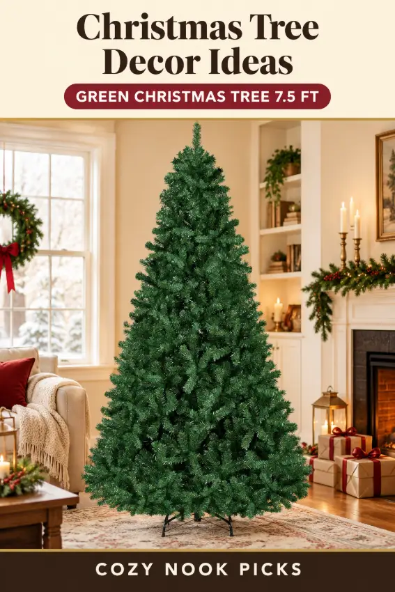 Green christmas tree 7.5 ft with 1346 hinged branch tips for a full look. Good for christmas tree decor ideas for cozy homes.