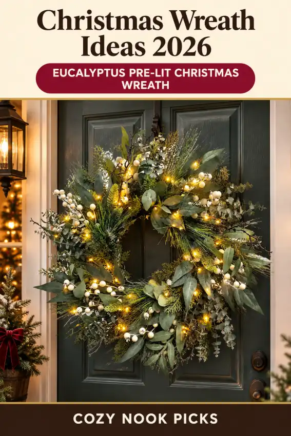 This eucalyptus pre-lit christmas wreath has 30 warm LED lights for a soft glow on your front door. Save this idea for later.
