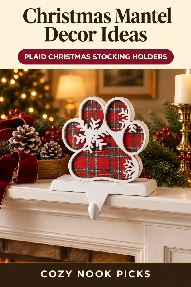 Plaid Christmas stocking holders add buffalo plaid charm to your mantel, shelf, or table for a cozy holiday look this season.