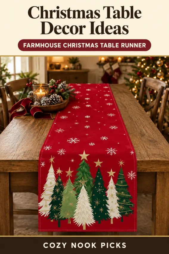 Style your Christmas table with this red runner, festive trees, and snowflakes for a cozy farmhouse look at home this season!