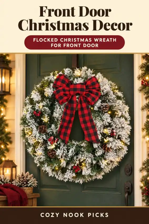 Flocked Christmas wreath for front door with snowy branches, 30 warm LED lights, red berries and a plaid bow for Christmas!..
