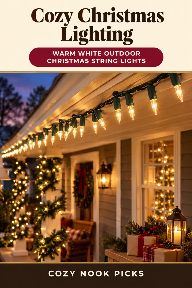 Warm white outdoor christmas string lights bring glow to trees, patios and gardens for Christmas 2026. Save this idea today!!