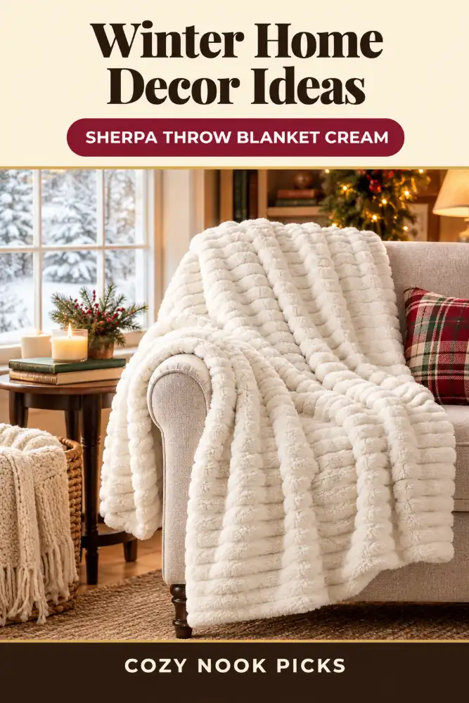 Sherpa throw blanket cream adds a soft ribbed layer to couches and beds for a cozy winter look. Save this decor idea today!!!