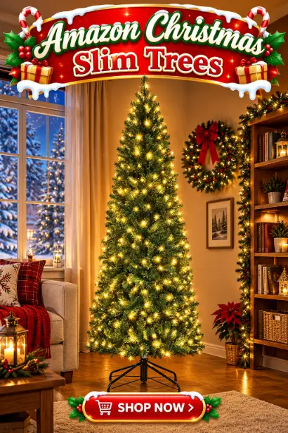 7ft slim pencil Christmas tree with warm white LED lights glowing in a cozy living room corner, ready for your holiday decor.
