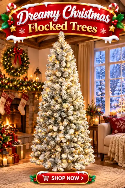 Snow flocked 7ft pencil Christmas tree with warm white pre-lit lights, styled with gifts in a winter living room this season.