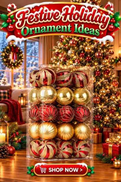 Red and gold Christmas ball ornaments on a flocked tree, mixing glitter, matte and glossy baubles for classic holiday styles.