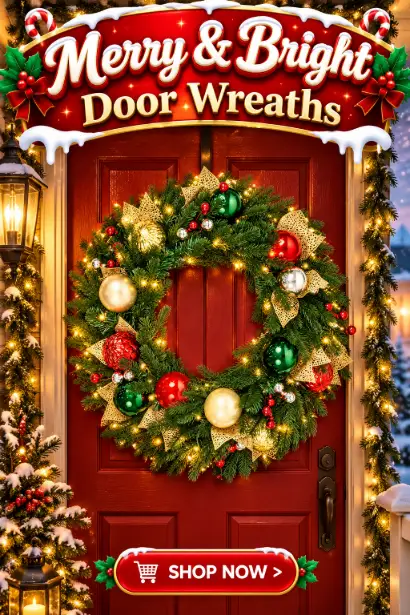 24 inch pre-lit Christmas wreath with glittered multicolor ornaments glowing on a front door, ready for holiday decor and vis