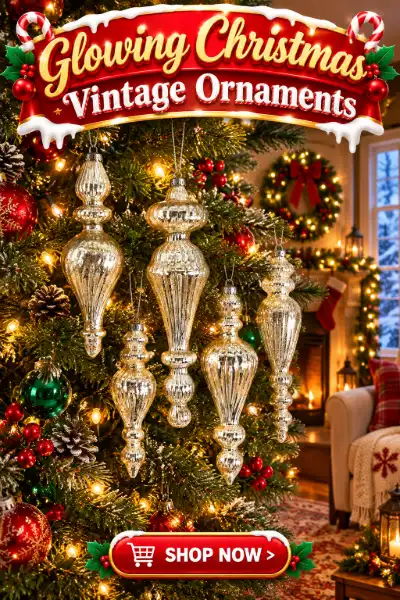 Vintage mercury glass Christmas ornaments in silver catching the light on a green tree for an elegant, old-fashioned holiday.