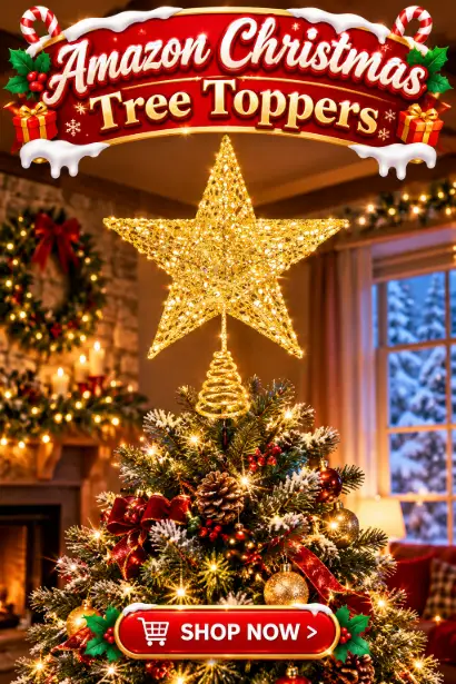 Gold glitter star tree topper shining at the top of a decorated Christmas tree, a classic finishing touch for holiday decor..