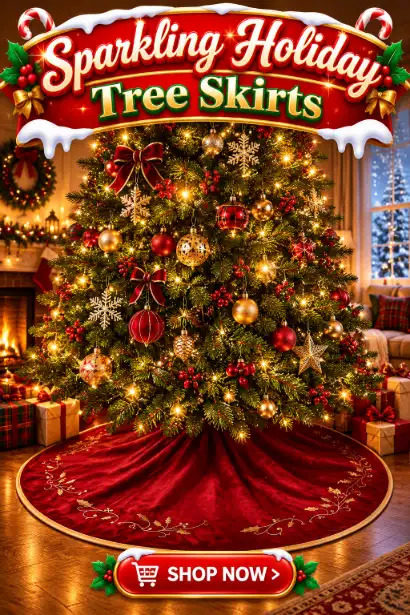 Red velvet Christmas tree skirt, 48 inches wide, with festive embroidery spread under a decorated tree and a pile of wrapped
