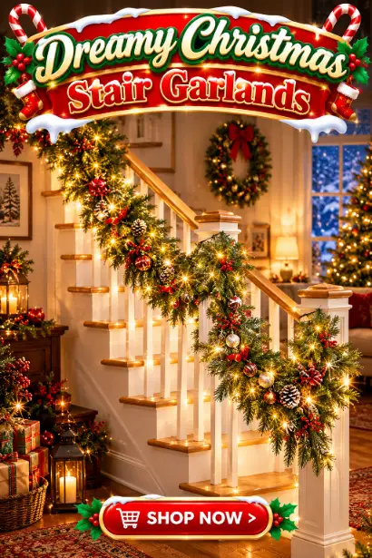9ft pre-lit Christmas garland draped across a mantel, with warm built-in lights powered by batteries and no cord to hide.....